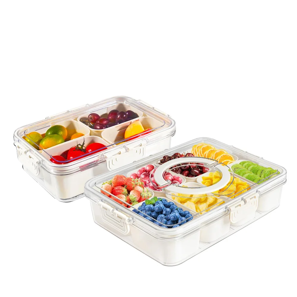 Rayshine Kitchen Portable Clear Divided Serving Tray Plastic Spice Storage Container Snackle Box  With Lid And Handle