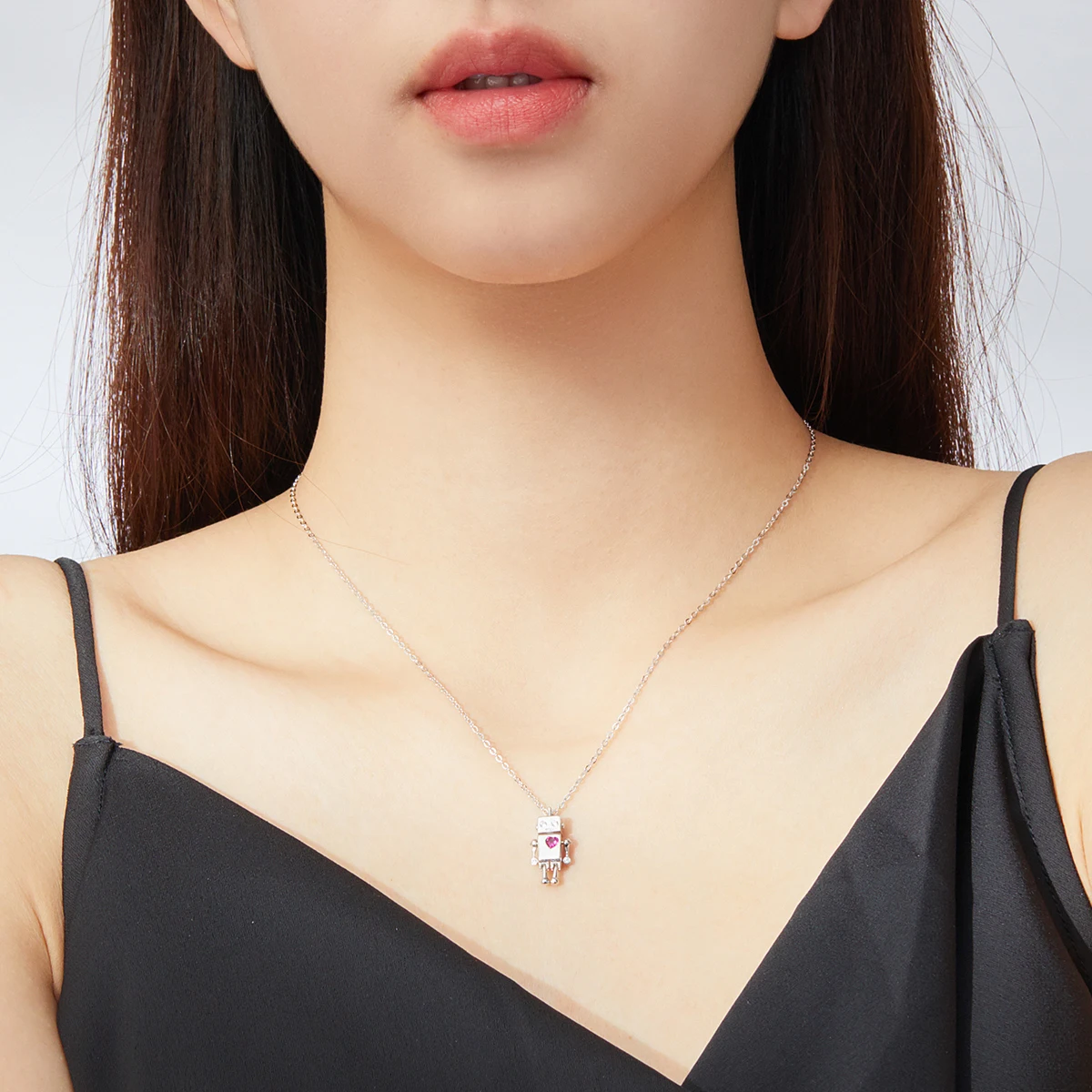 LEICARE S925 Robot Dangle Pendant Necklace for Women Sterling Silver Jewellery Plated Platinum with Zircon