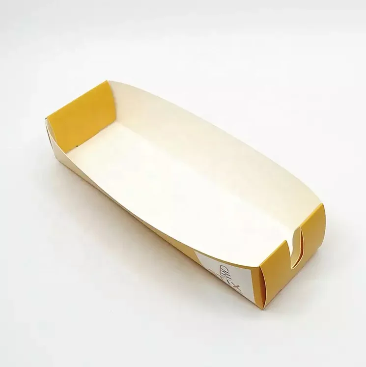 Wholesale custom biodegradable food paper packaging disposable takeaway hotdog corndog egg waffle crepe snack paper tray