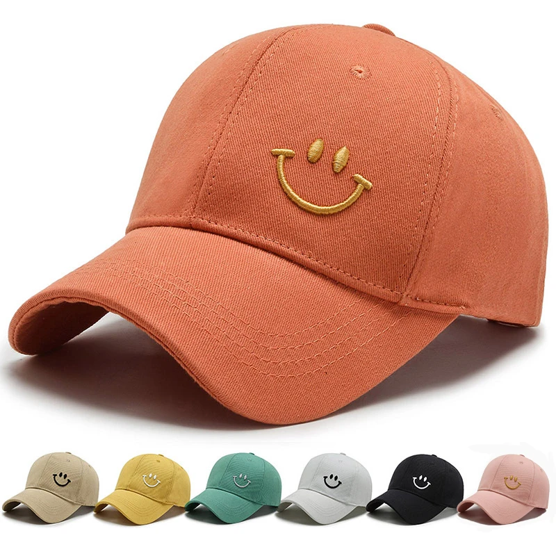high quality fashion men women 100% cotton multicolor adjustable smiley face embroidery logo custom baseball caps