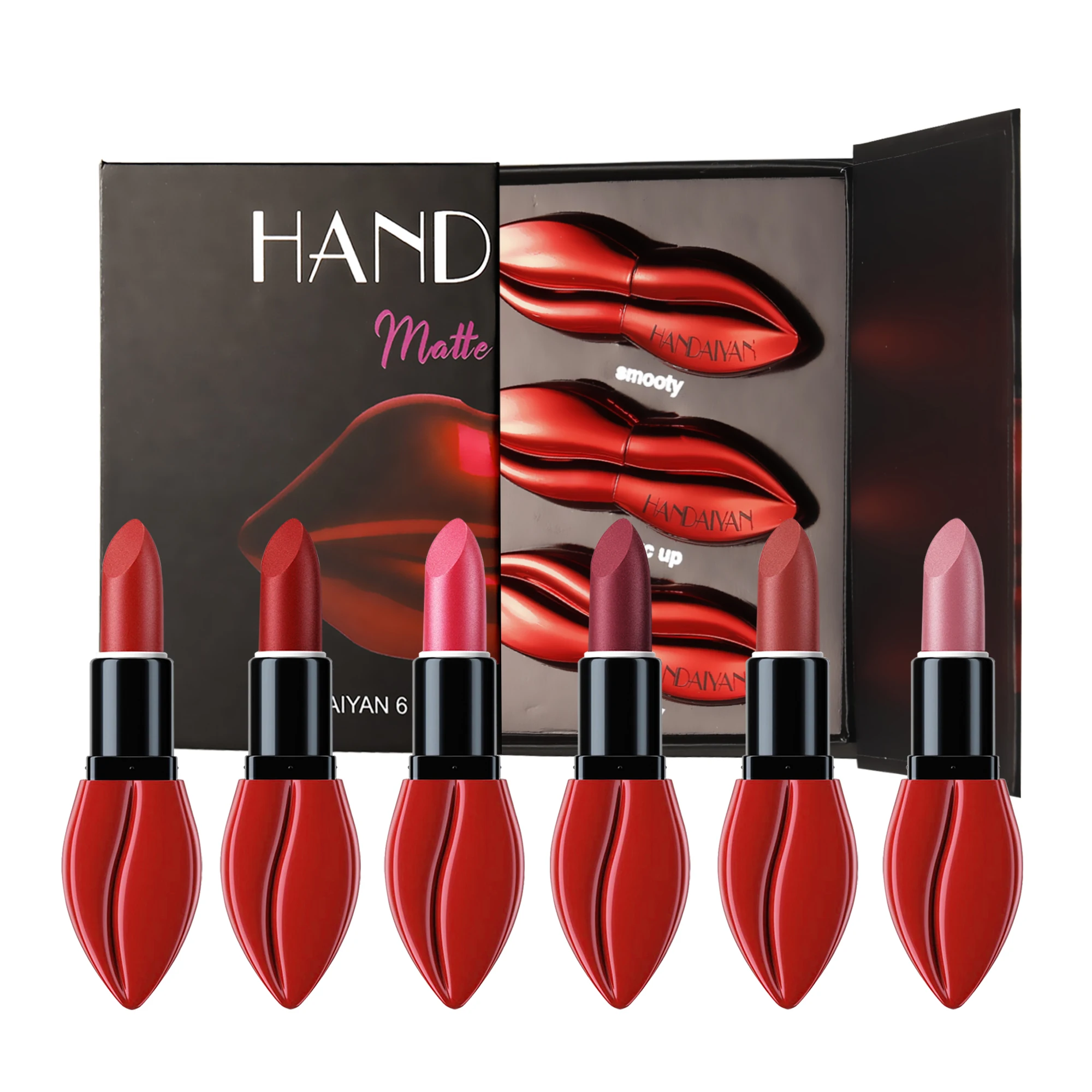 Best Selling Handaiyan Hot Selling 6 Colors Lip Shaped Lipstick Set Matte Velvet Gift Waterproof Vegan Lip Makeup Cosmetics