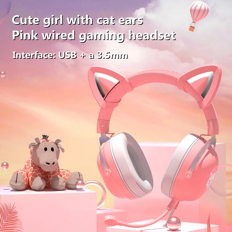 Pink THX 7.1 Surround Sound RGB Lighting Retractable Active Noise Cancelling Mic Lightweight Kitty RGB USB Gaming Headset for pc