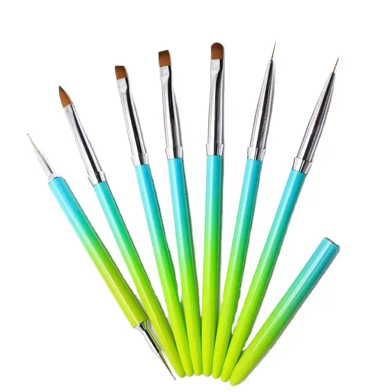 Good Quality 7pcs green gradient handle gel nail art brush set nylon liner oval flat oblique 3d brush Dual Ended dotting tool