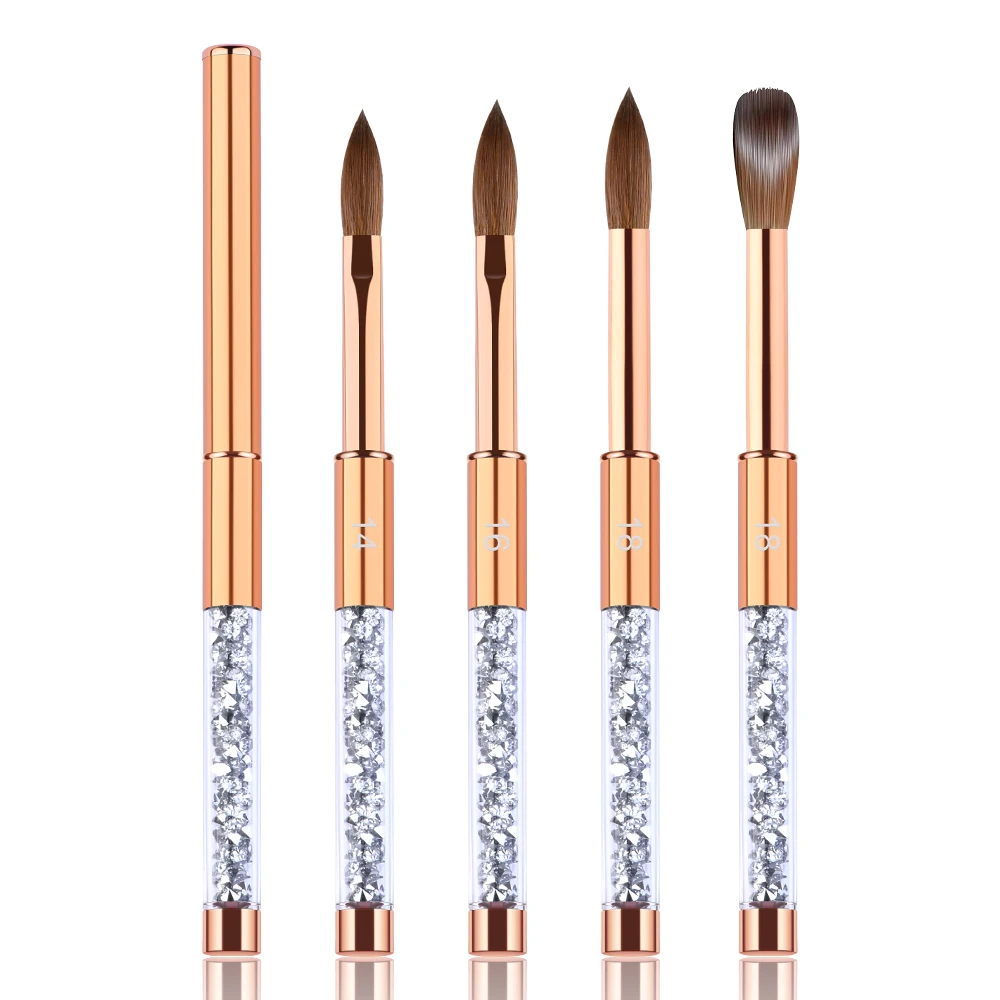OEM High Quality 100% Kolinsky Acrylic Brushes Rose Gold Handle Diamond  Kolinsky Nail Brushes #10 #12 #16 #18