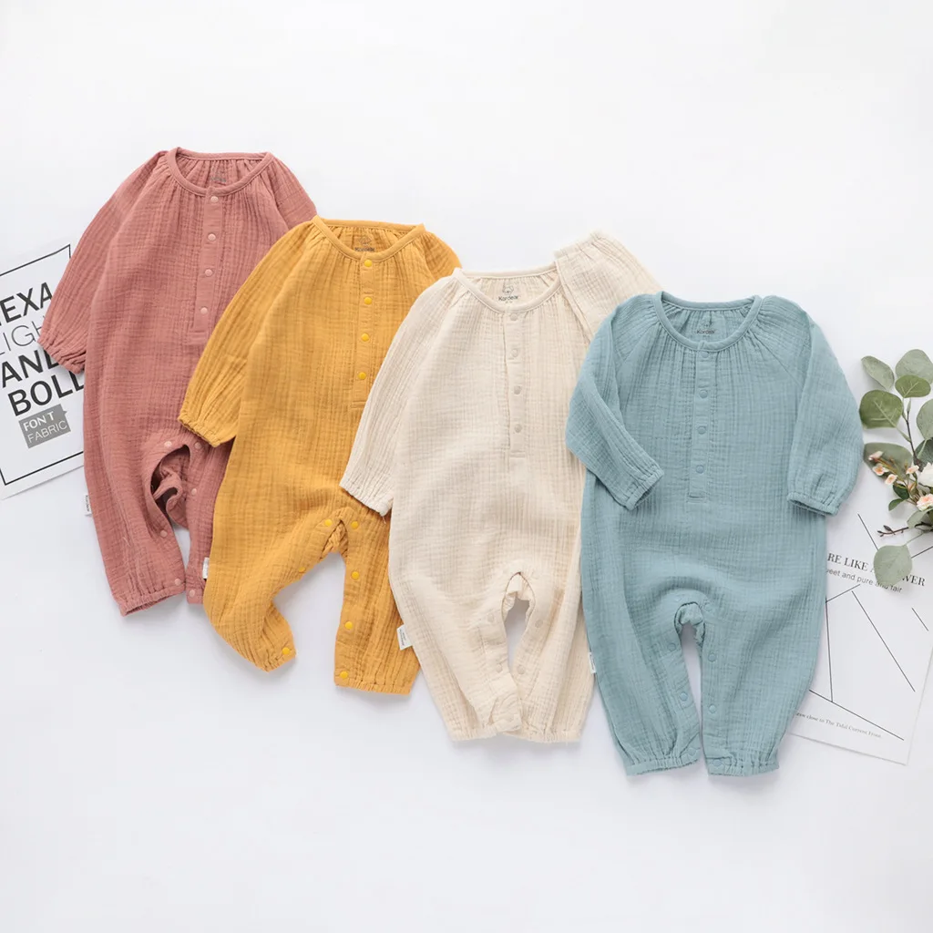 Spring infant baby blank Organic muslin jumpsuit button long sleeve overall  Puffy style baby romper newborn jumpsuit