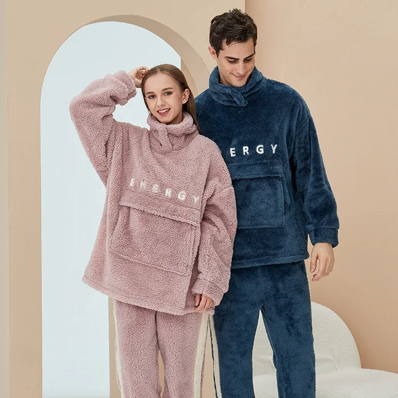 OEM custom winter lovely velvet long sleeve pyjamas women sleepwear Add wool plus size couples pajamas sets