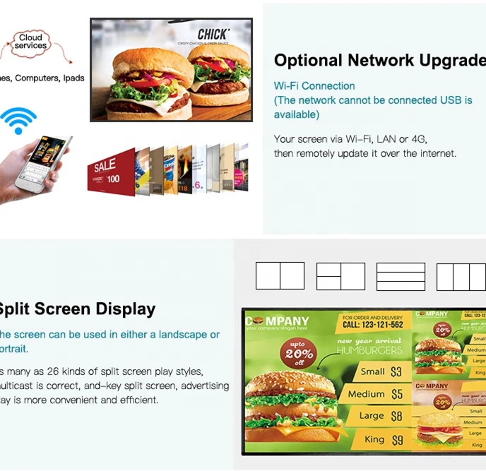 Hanging Wall Mounted Hd Screen Lcd Advertising Display Electronic Digital Menu Board For Restaurant/cafe Shop
