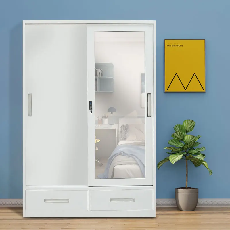 2024 new metal wardrobe 2 doors support customization metal portable wardrobe with mirror metal sliding door wardrobe