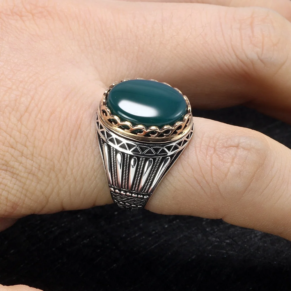 925 Silver Gems Stone Mens Ring Luxury Big Turkish Ring With Green Red Tiger Eyes Stones Vintage Turkey Jewelry  Rings For Men