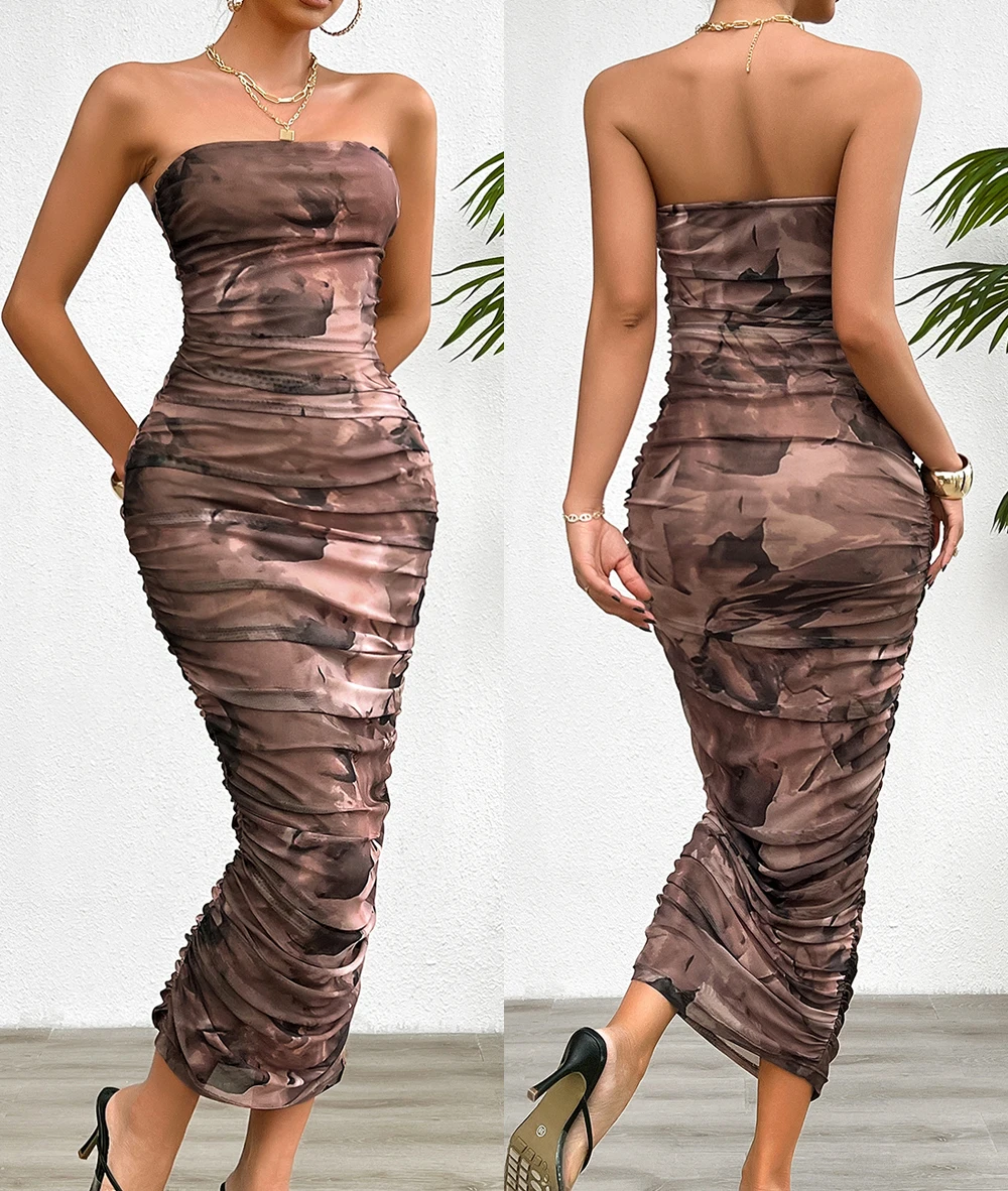 2024 Fashion New Pleated Bodycon Tube Dress Ladies Long Bandage Dresses for Women Elegant Wholesale