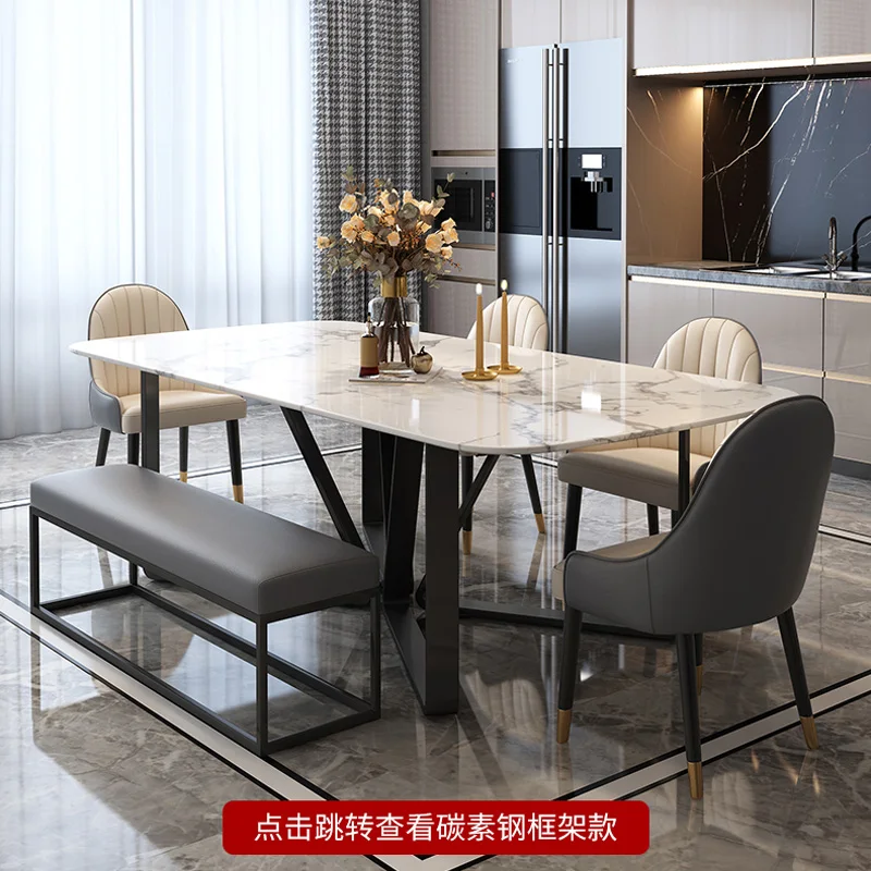 Modern luxury marble style but rock slab top with glass dining table and dining table set 8 seater
