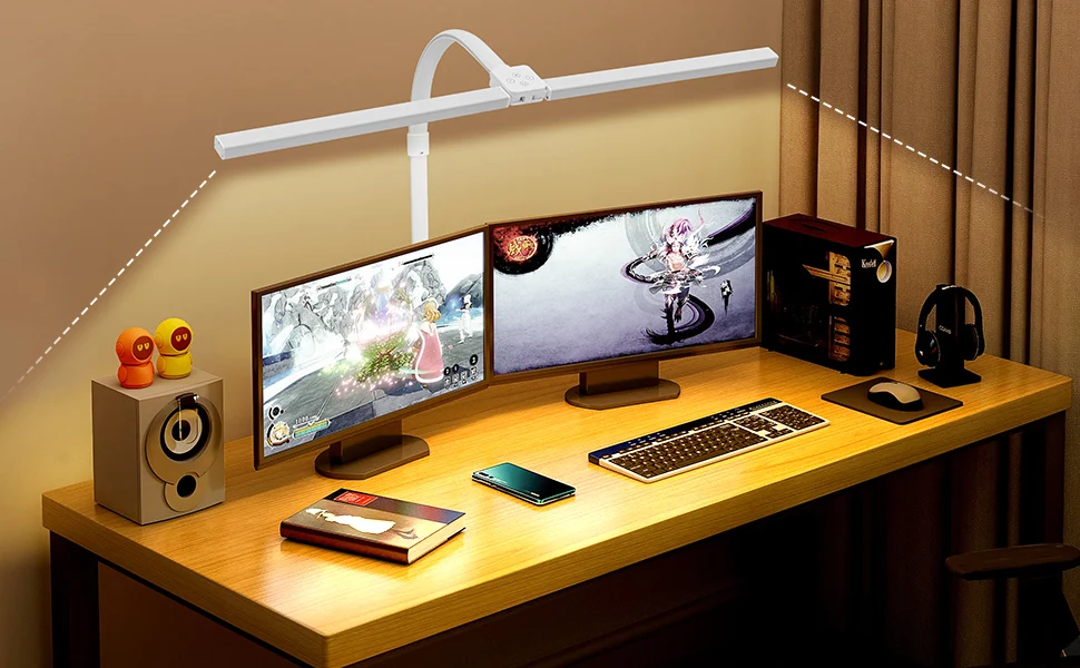 Eye Care Flexible Gooseneck Study Desk Light Clip-on Computer Monitor Table Lamp with Dual Head