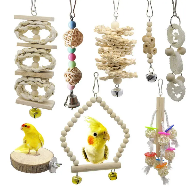 7 Pcs Bird Parrot Swing Chewing Toys set Natural Wood Hanging Bell Bird Cage Toys
