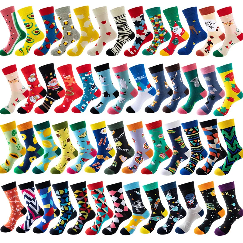 High Quality Crew Cotton Colorful Socks Custom Logo Funny Funky Novelty Fashion Design Food Animals Socks Men Women Happy Socks