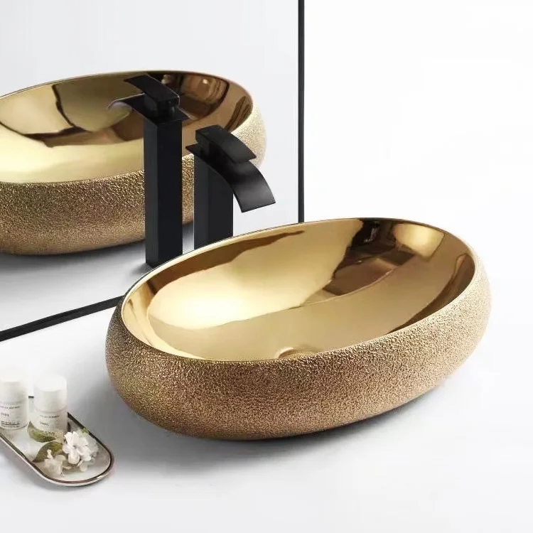 Luxury Fashion Ceramic Art Royal Rose Gold Basin Bathroom Vessel Sinks Ceramic Gold Wash Basin