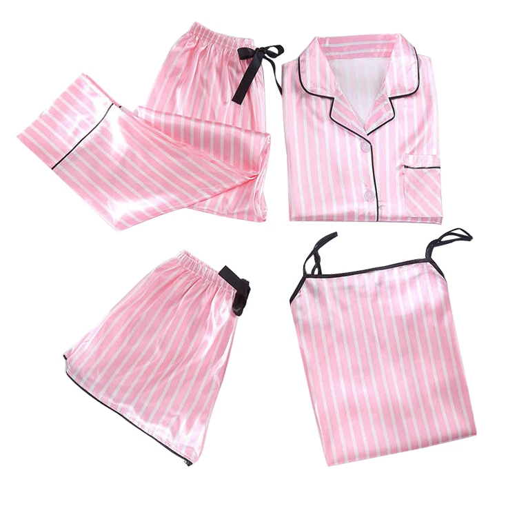 Wholesale Long Sleeve Silk 4 Piece Satin Sleepwear Pajamas Sets For Women