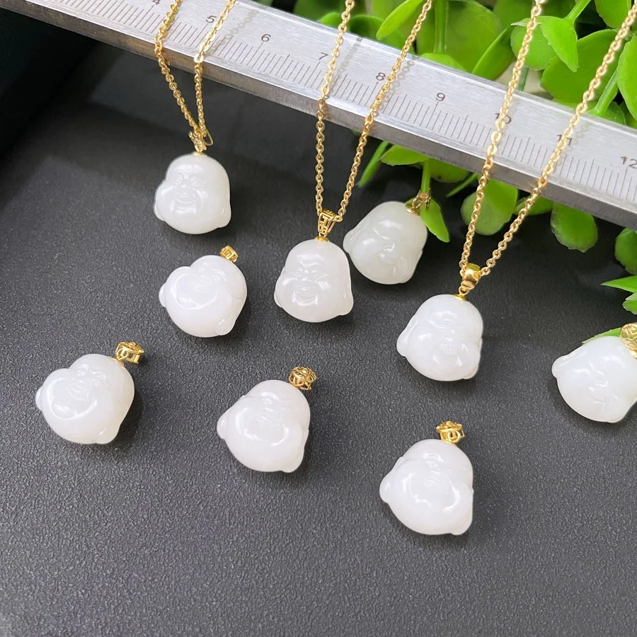 Wholesale Price Jewelry Semi-precious Stone Crafts Nephrite Buddha Natural Hetian Jade Pendant with18k Gold Clasp
