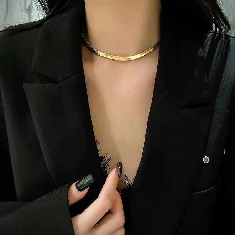 VEROMCA 6mm Hot Selling 18K Gold Plated Snake Bone Necklace Stainless Steel Flat Snake Chain in Stock