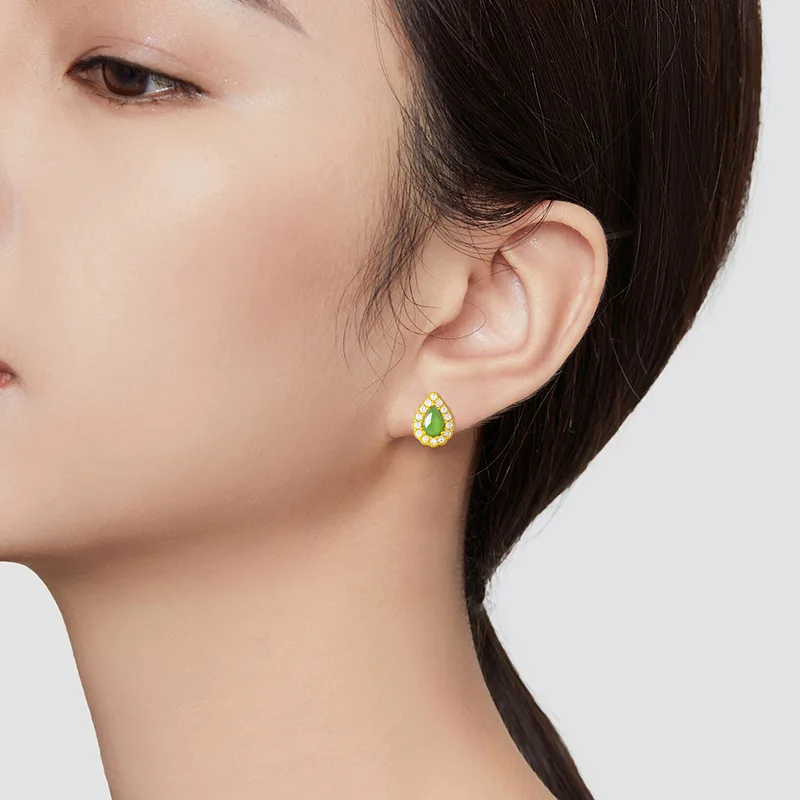 Spinach green natural old material Hetian jade jasper water drop earrings female S925 silverFashion Simplicity  D422