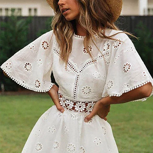 2023 Summer Custom Mini Clothing Boheme Women Hawaii Linen Cotton Swing White Loose Vintage Wit Dress For Lady