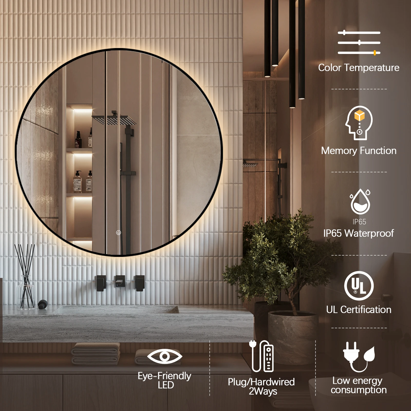 Hot Selling Metal Black Framed Mirrors Circle Decorative Wall Mirror Vanity Bathroom Mirror with Backlit Light