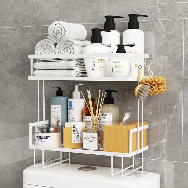 Hot sale self adhesive wall shelf for bathroom room over the toilet 2 layer shelf space saving bathroom shelves with hooks