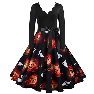 Plus Size V Neck Long Sleeve Fall Dresses Halloween Skater Elegant Vintage Pumpkin Skull Flower Print Rock Evening Party Dress