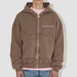 Wholesale vintage hoodies men high qualityBulk Oversized  French Terry Cotton Vintage Wash Blank Full Face Zip Up Hoodie Custom