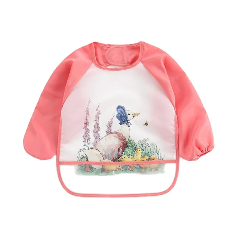 Baby Kids Sleeved Long Waterproof Peter Bibs with Pocket Cartoon Rabbit Smock