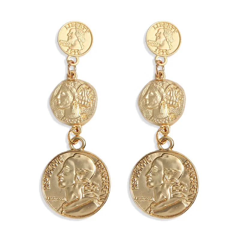 Personality Punk Jewelry For Women Vintage Portrait Long Dangle Earrings Gold Color Coin Circle Geometric Drop Earrings