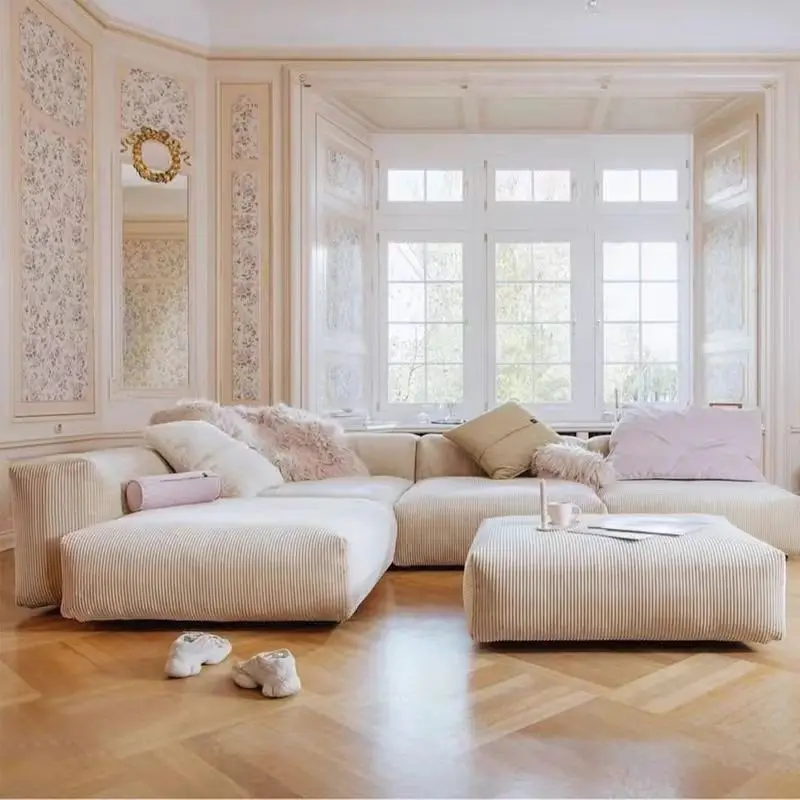 Corduroy sofa living room 2024 new wabi-Sabi cloth art double cream wind small household tofu block