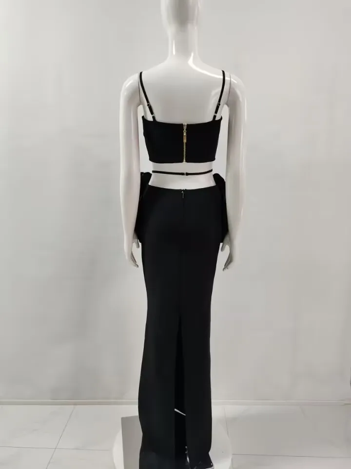 c3706 Wholesale Price Sexy Ladies Knitted Two Pieces Suits Black Crop Top Women Two Pieces Skirt Suits
