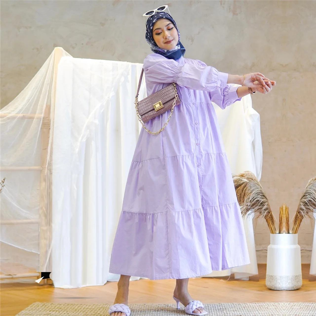 2024 Indonesia Muslim Solid Casual Dress Loose Daily Crew Neck Dress Cotton Patchwork Abaya Dress Kaftan with Buckle