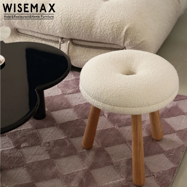 WISEMAX FURNITURE modern home furniture decoration lamb wool teddy chair with wooden legs small ottoman stool chair shoes stool