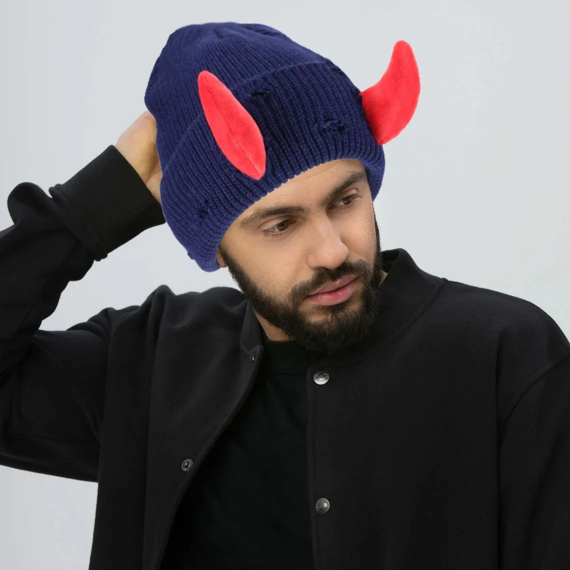 Custom Winter Halloween Funny Distressed Demon Devil Horns Cuffed Acrylic Knitted Beanie Hat With Horns