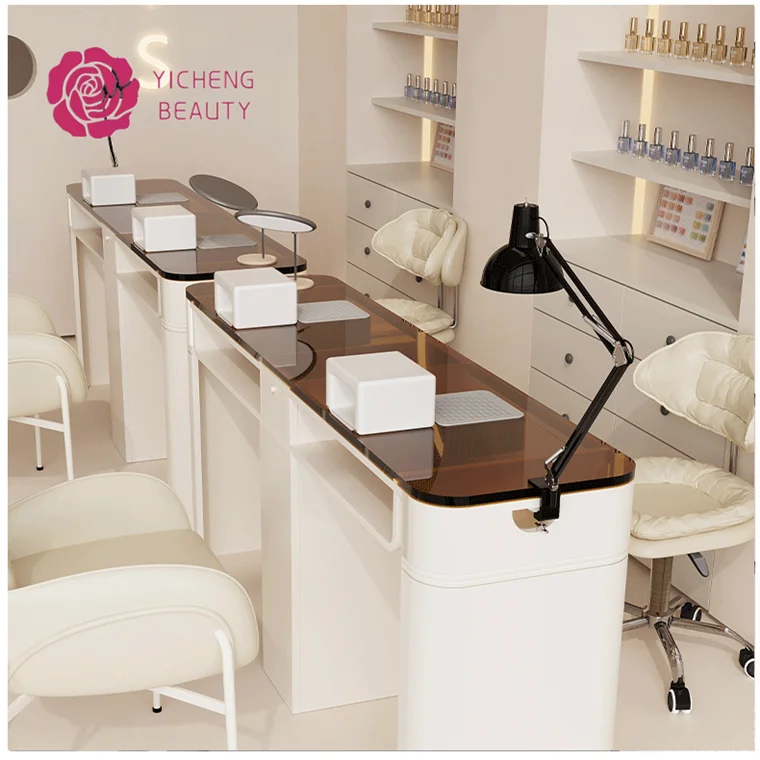 Yicheng Beauty Modern Nails Table Salon Manicure Furniture Glass Nail Tables and Chairs Sets With Dust Collector From China