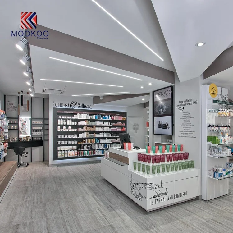 Modern Style Wooden Pharmacy Shop Showcase Drug Store Display Shelves with Cashier Counter