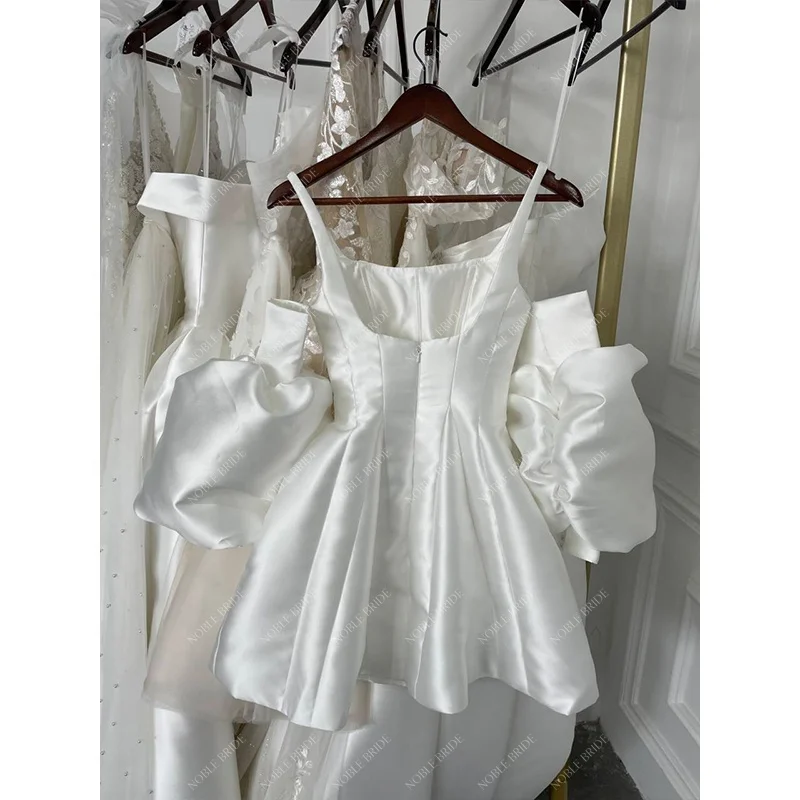 Manufacturer Women Short Lover Forever Satin Wedding Dress Designer Bridal Mikado Beach Gown Elegant with Puffy Lantern Sleeves