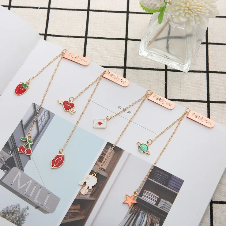 cute korean kawaii stationery Office school handmade long chain bookmark with pendant, fruit Strawberry cherry book mark charm