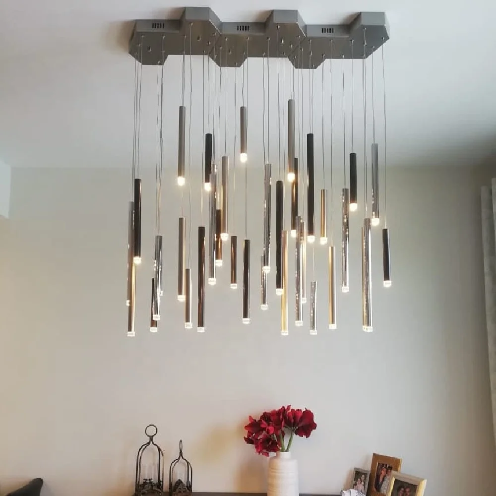 Modern Long LED Pendant Lamp Living Room Villa Staircase Tubular Chandelier