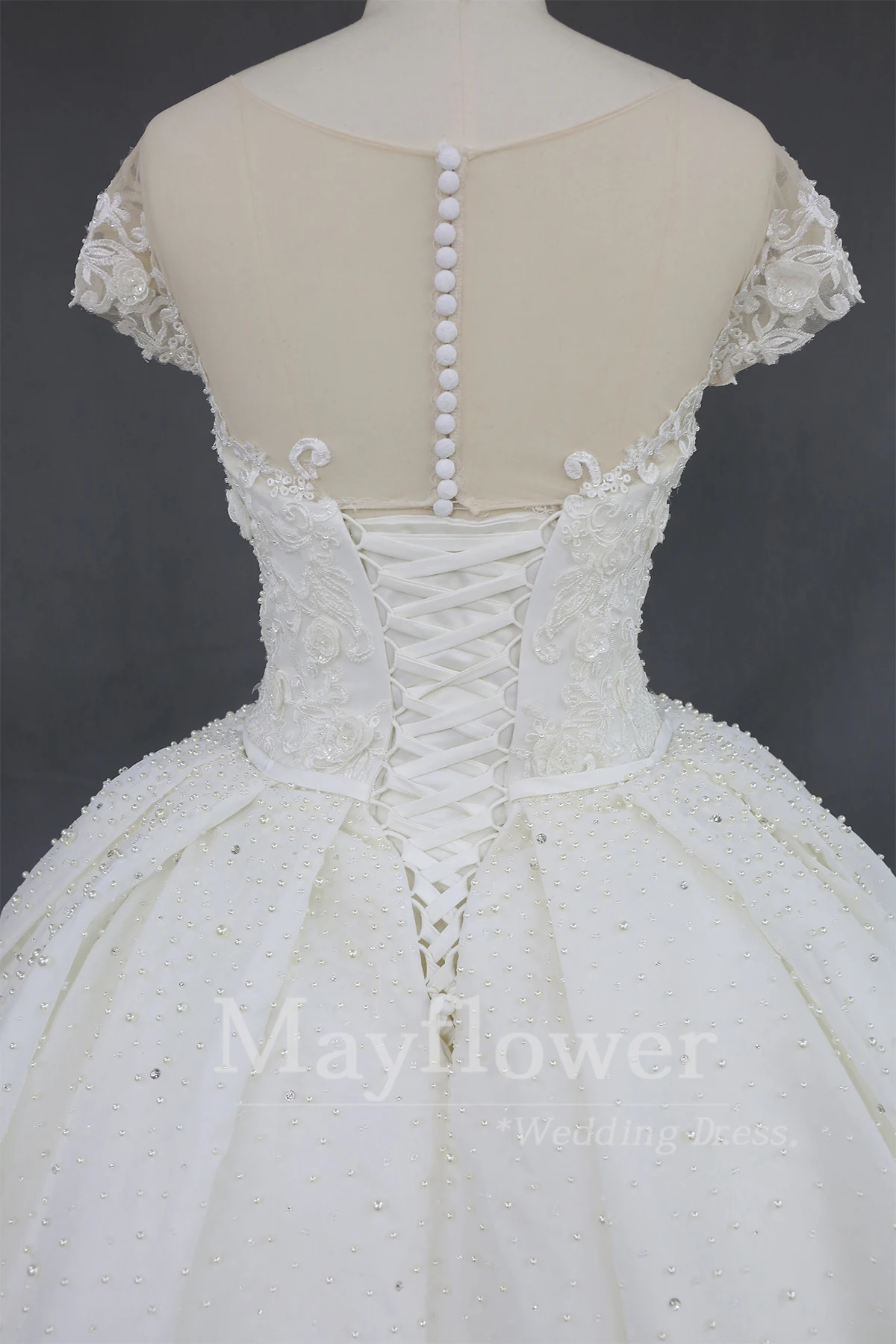 Cap sleeve bridal dress ball gown lace organza beaded wedding dress