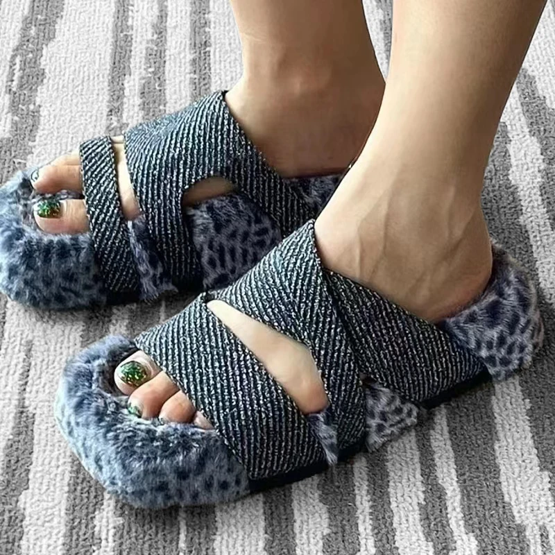2023 Winter Warm Women Open Toe Lamb Wool Slipper Slides Outdoor Women Platform Plush Fur Slippers