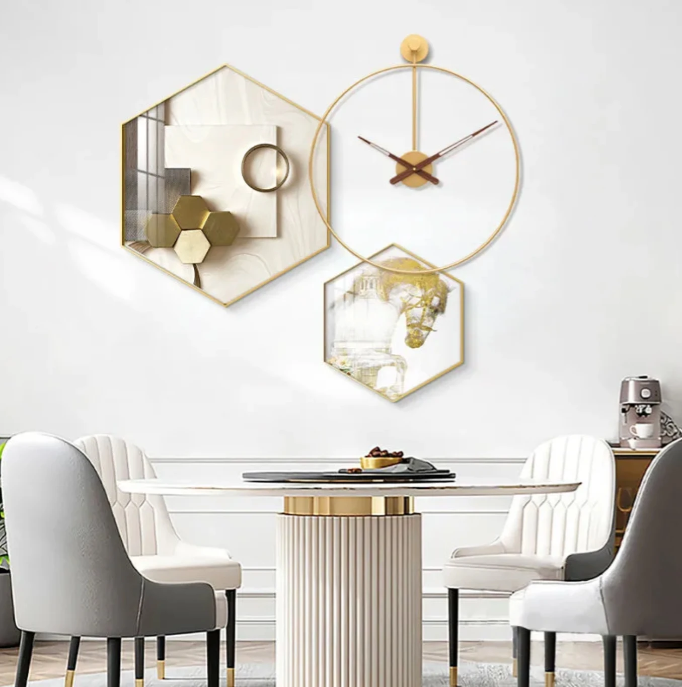Dining room decorative painting hexagonal combination hanging painting kitchen dining table painting with clock high-grade mural