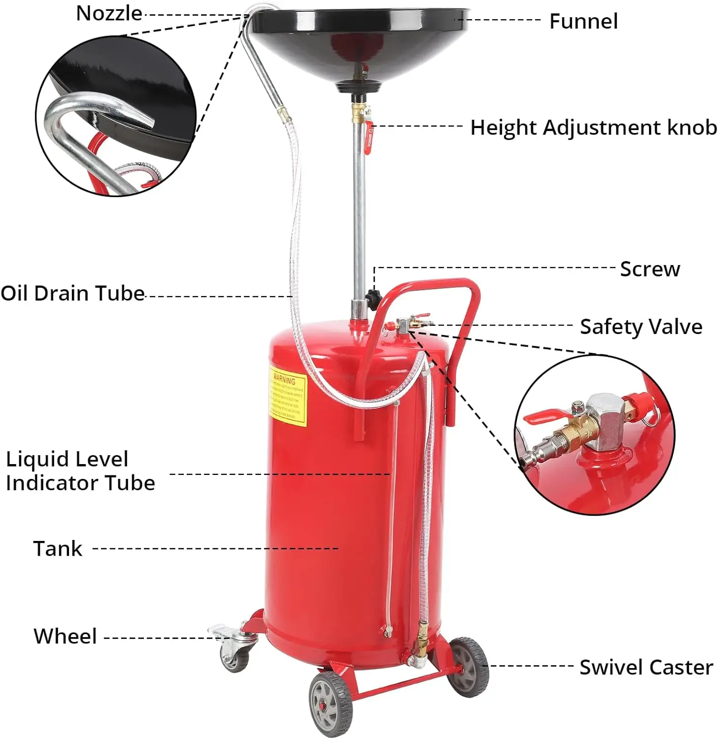 Adjustable Funnel Height Red 20 Gallon Air Operated Industrial Fluid Drain Tank Portable Waste Oil Drain With Wheel
