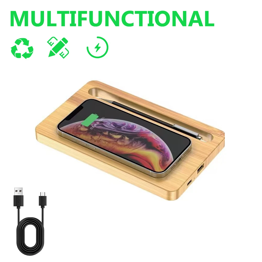 Desktop Wireless Charger 10W Mobile Phone 2-in-1 Charger Smart Fast Charger Mobile Phone Bamboo Material Eco-friendly