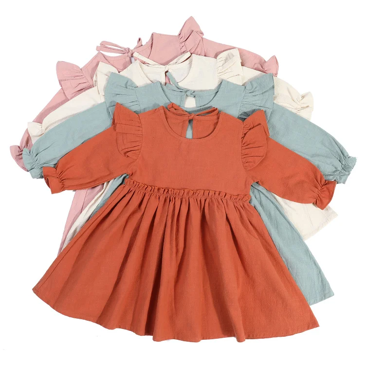 Новый стиль, детское винтажное платье с оборками, хлопковое Повседневное платье Детское однотонное платье для девочек с длинными рукавами и рукава-крылышки платья