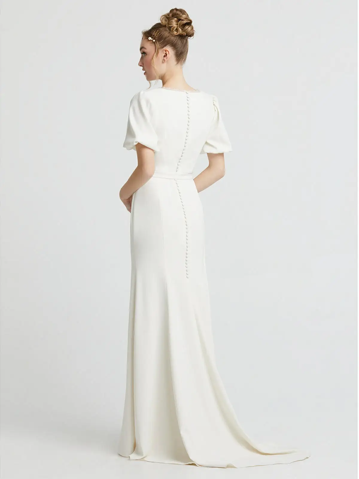 Pearl Trimmed V-Neck Mermaid Silk Wedding Dress with Bell Sleeves