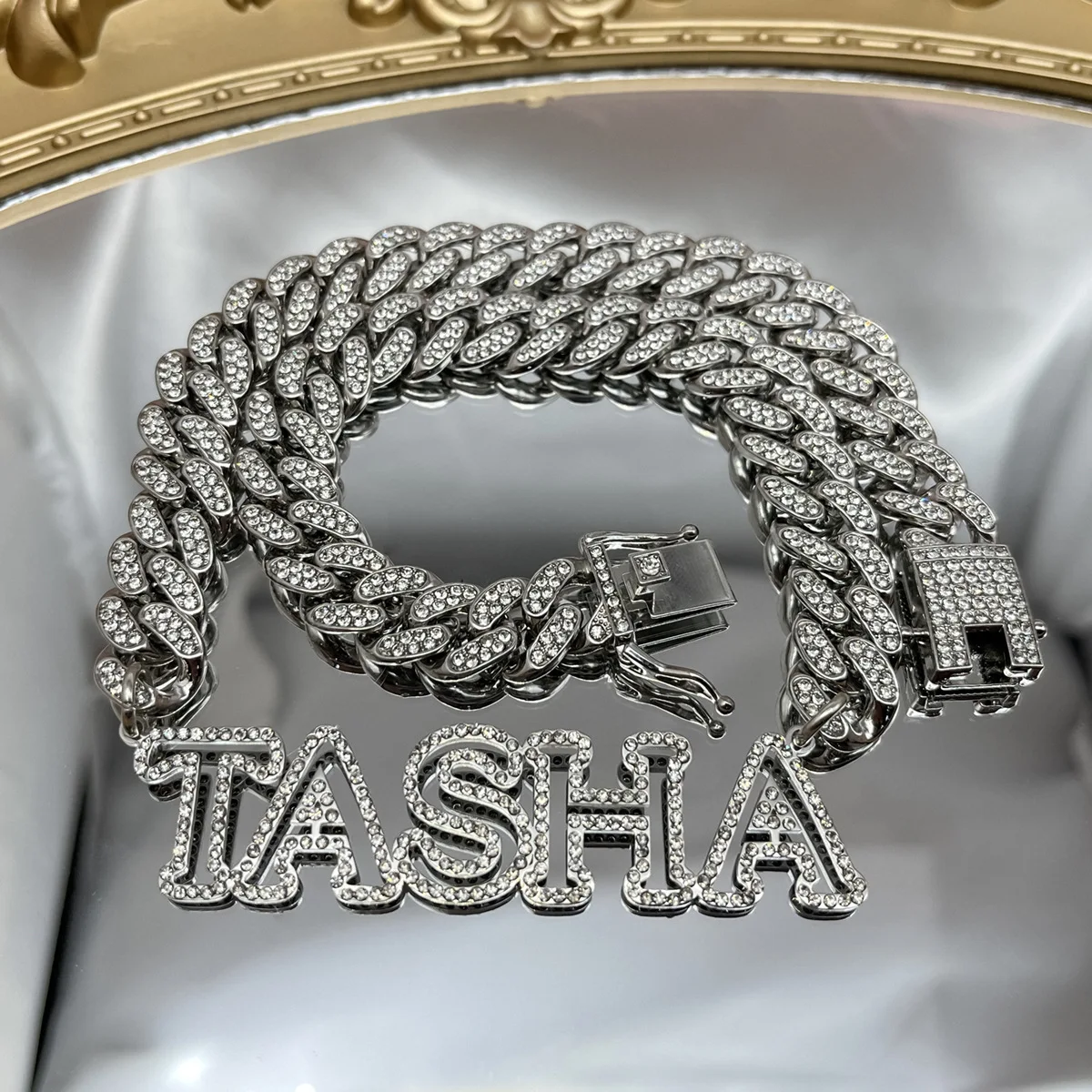 Custom Name stainless steel cutout full diamond English letters gold plated necklace 13mm full diamond Cuban chain fashion jewel