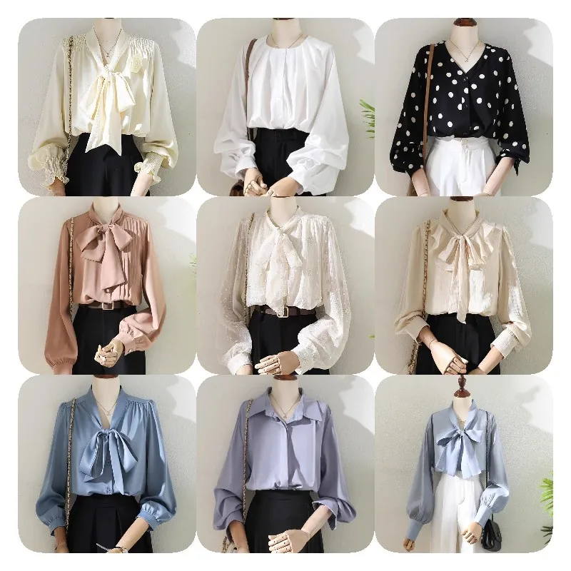Loose Casual Shirts Basic Office Lady Blusa Turn-Down Collar Vintage Print Tops Elegant Chiffon Women Blouses