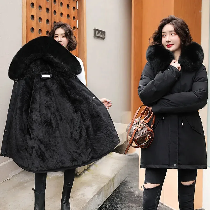 2024 New Winter Jacket Women Parka Fashion Long Coat Wool Liner Hooded Parkas Slim With Fur Collar Warm Snow Wear Padded Clothes
